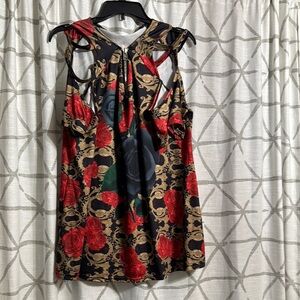 Floral Sleeveless top with Red and Gold Accents